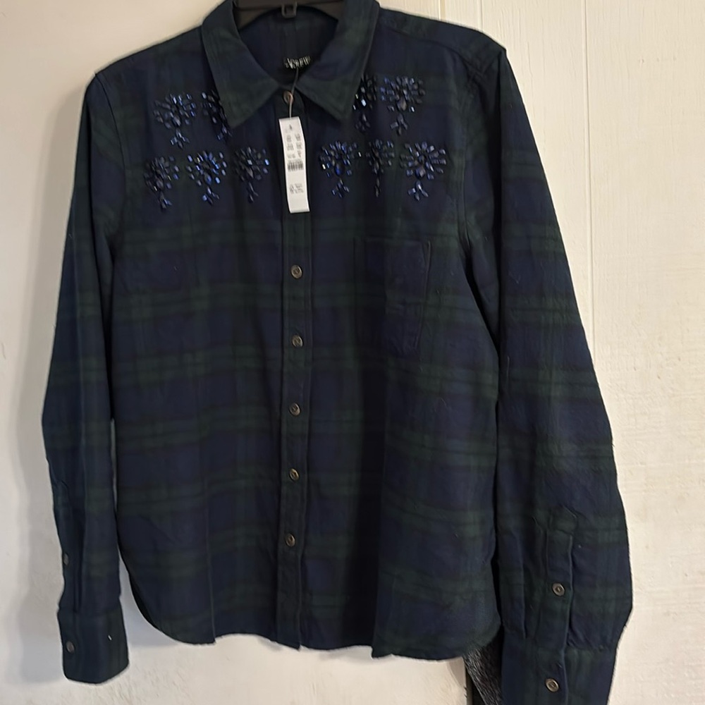 NWT Womens J.Crew Blue Plaid Shirt with Embellishments